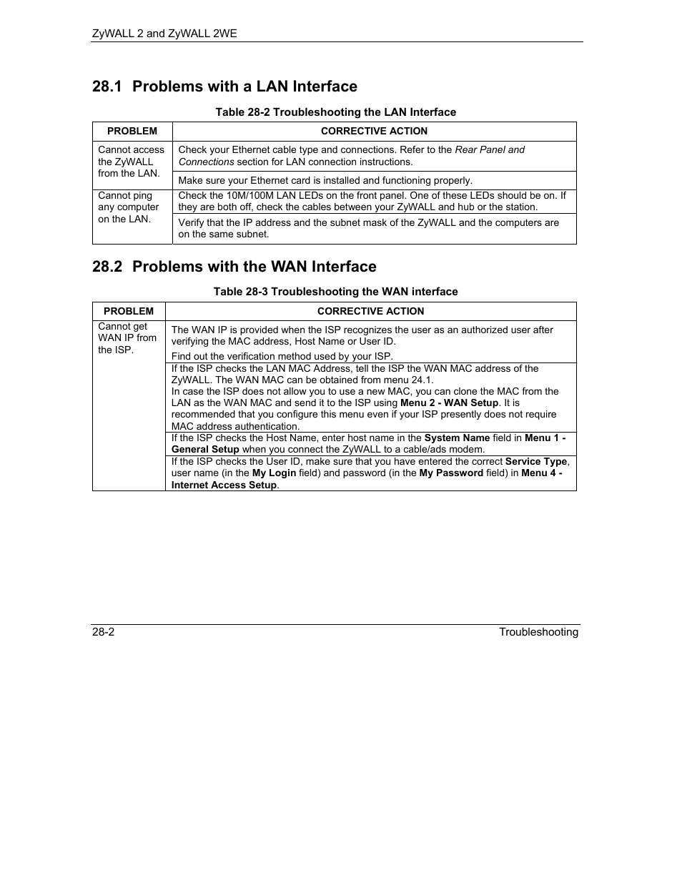 Problems with a lan interface, Problems with the wan interface, 1 problems with a lan interface | 2 problems with the wan interface | ZyXEL Communications ZyXEL ZyWALL 2WE User Manual | Page 328 / 433
