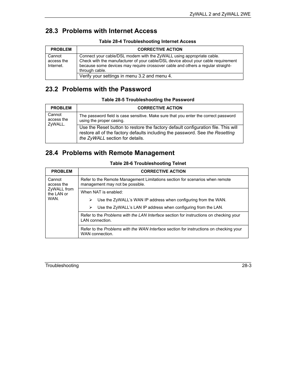 Problems with internet access, Problems with the password, Problems with remote management | 3 problems with internet access, 2 problems with the password, 4 problems with remote management | ZyXEL Communications ZyXEL ZyWALL 2WE User Manual | Page 329 / 433