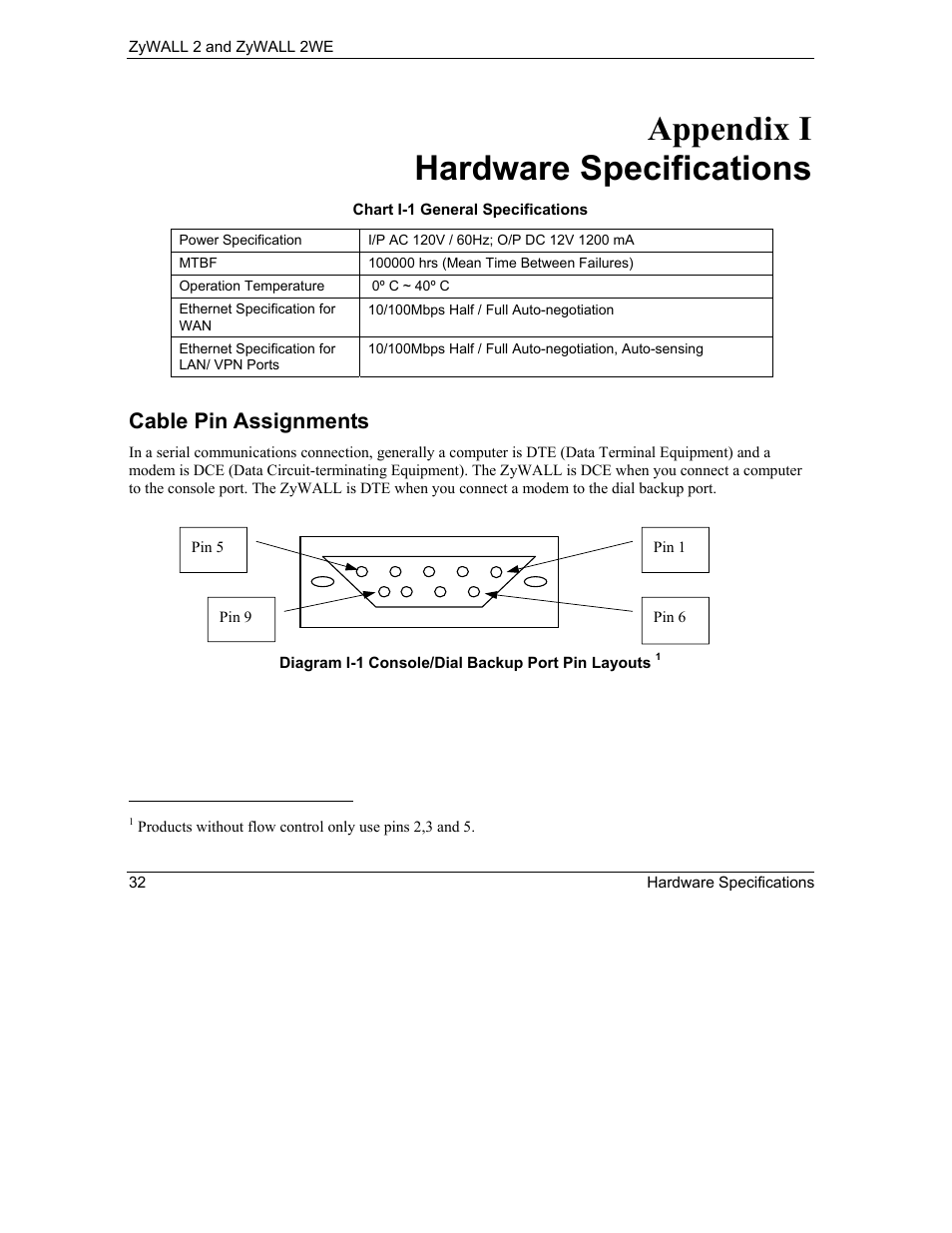 Hardware specifications, Appendix i hardware specifications, Cable pin assignments | ZyXEL Communications ZyXEL ZyWALL 2WE User Manual | Page 364 / 433