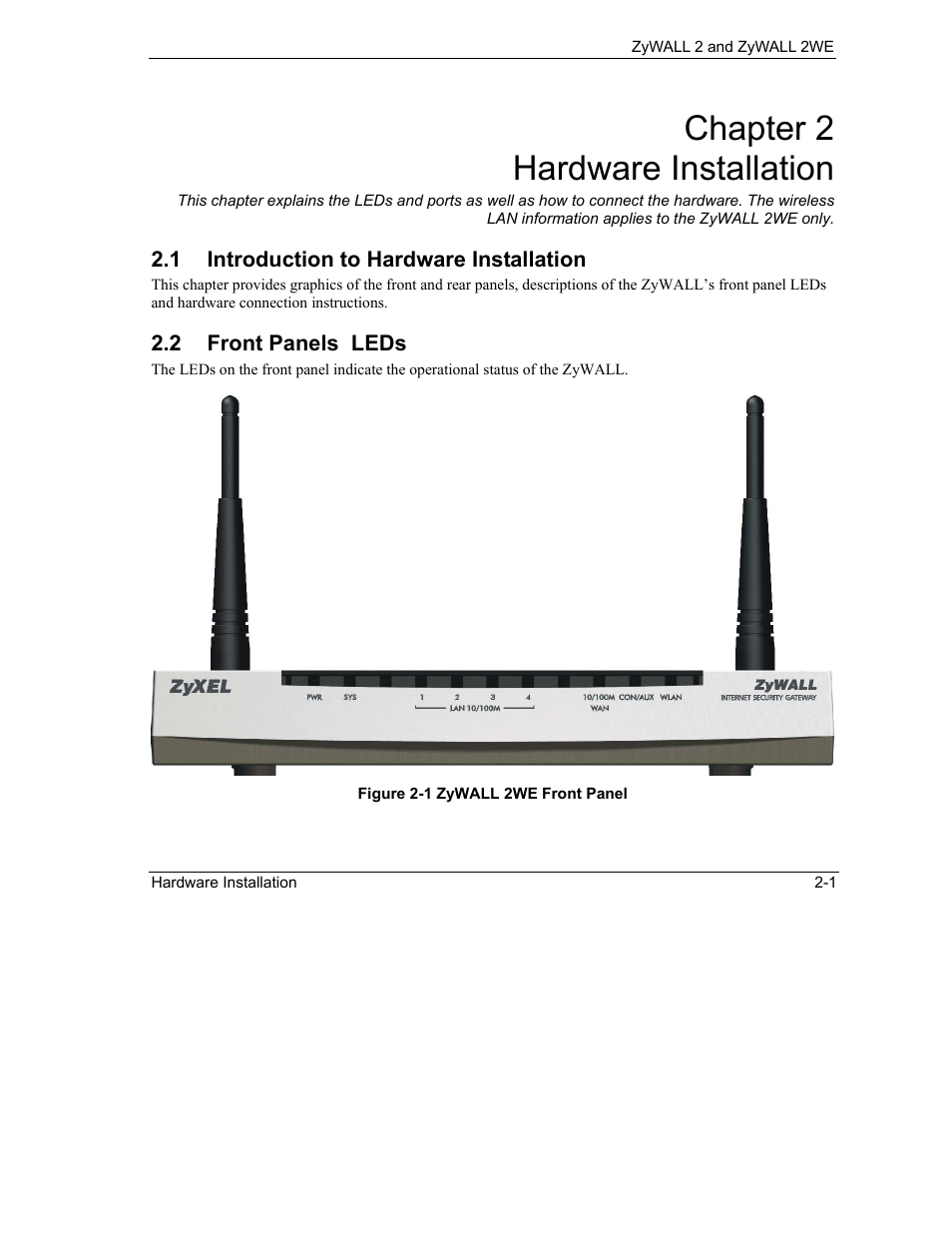 Hardware installation, Introduction to hardware installation, Front panels leds | Chapter 2 hardware installation | ZyXEL Communications ZyXEL ZyWALL 2WE User Manual | Page 37 / 433