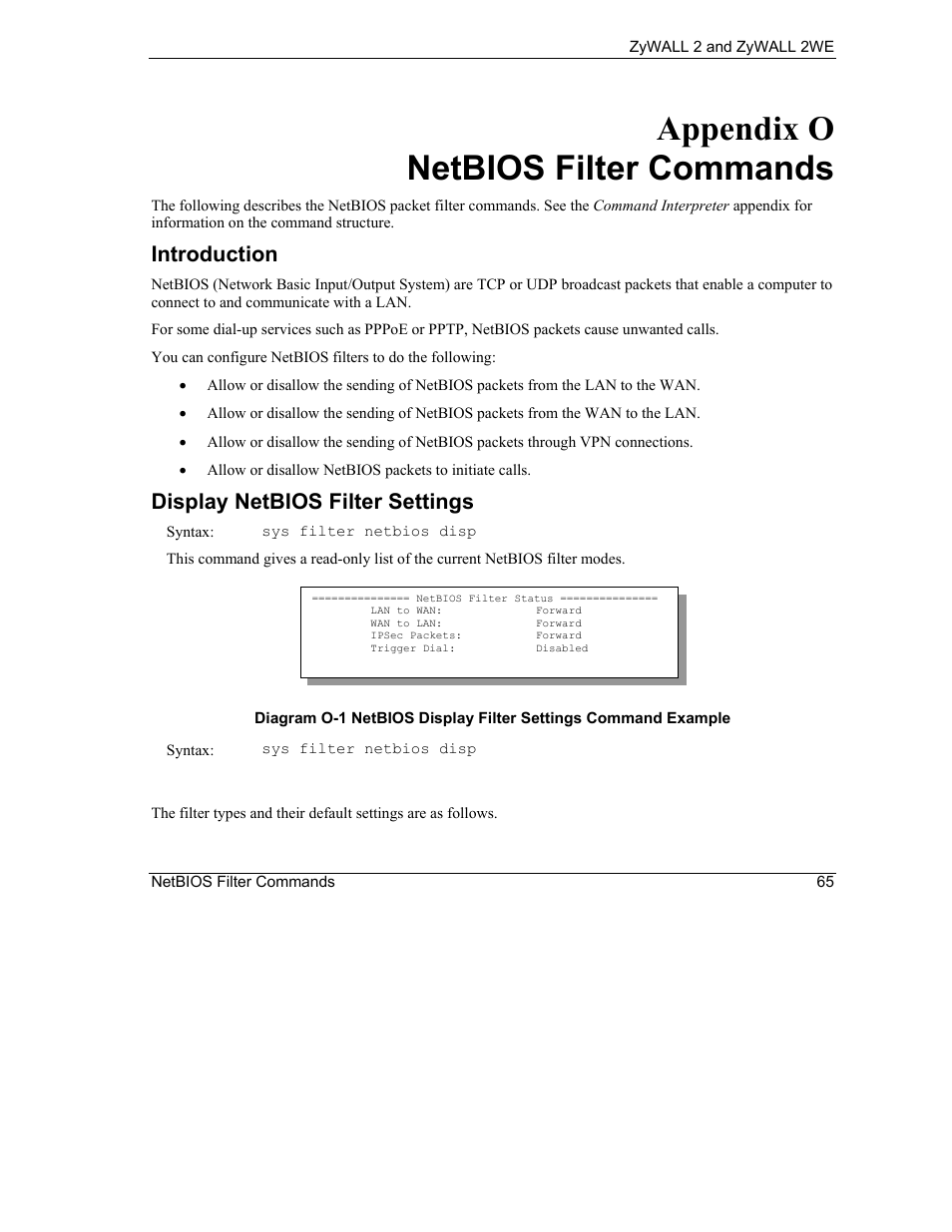 Netbios filter commands, Appendix o netbios filter commands, Introduction | Display netbios filter settings | ZyXEL Communications ZyXEL ZyWALL 2WE User Manual | Page 397 / 433