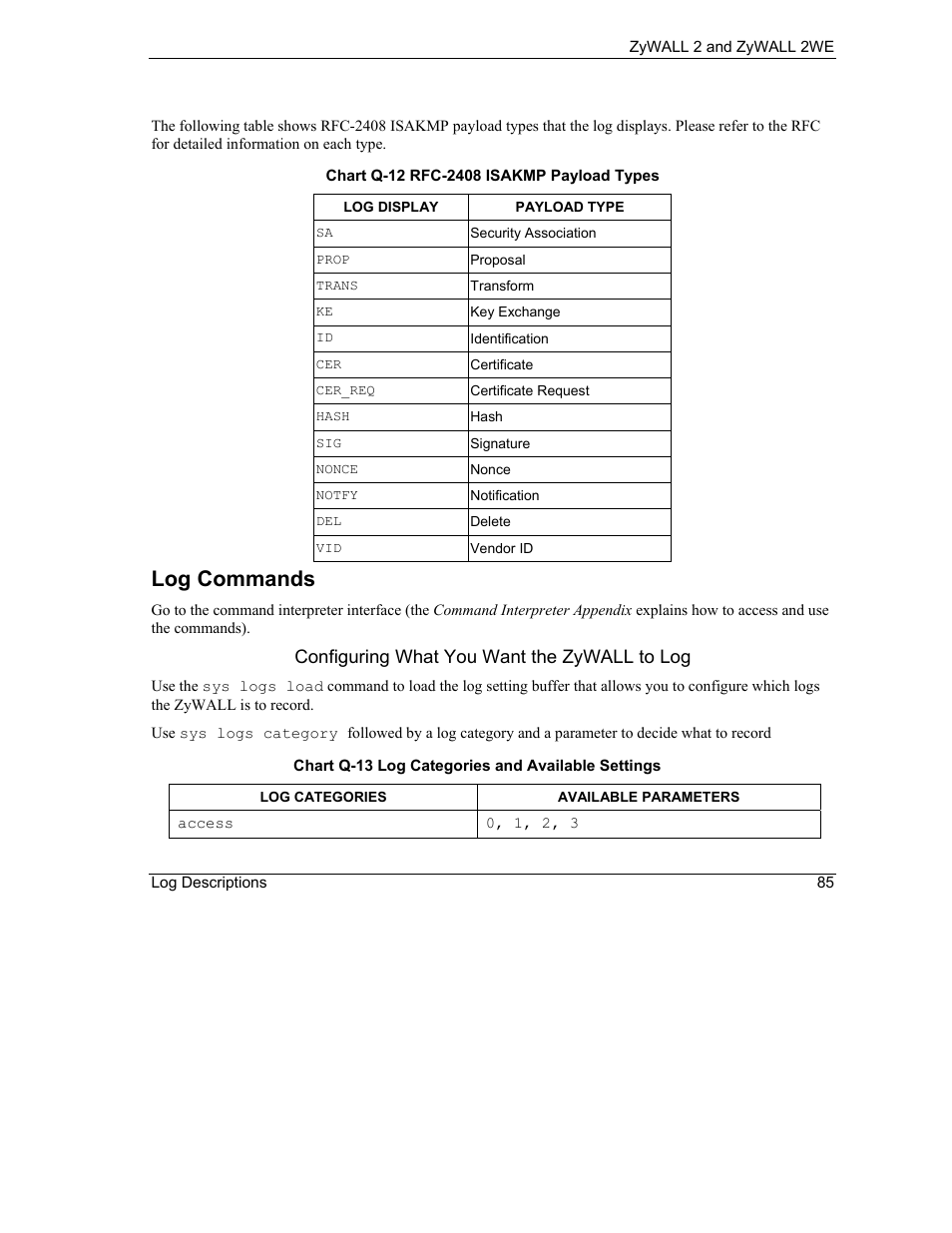 Log commands, Configuring what you want the zywall to log | ZyXEL Communications ZyXEL ZyWALL 2WE User Manual | Page 417 / 433