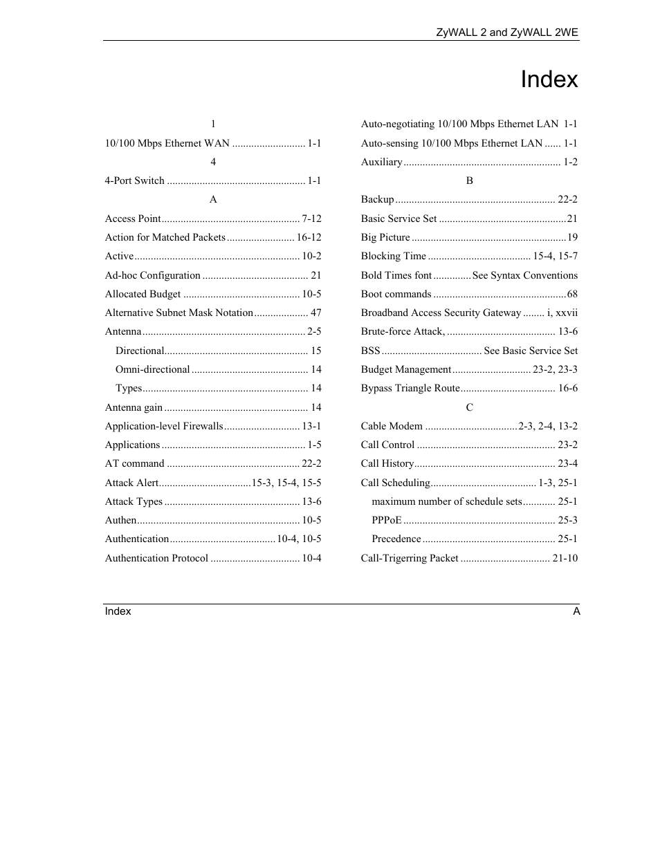 Index | ZyXEL Communications ZyXEL ZyWALL 2WE User Manual | Page 423 / 433
