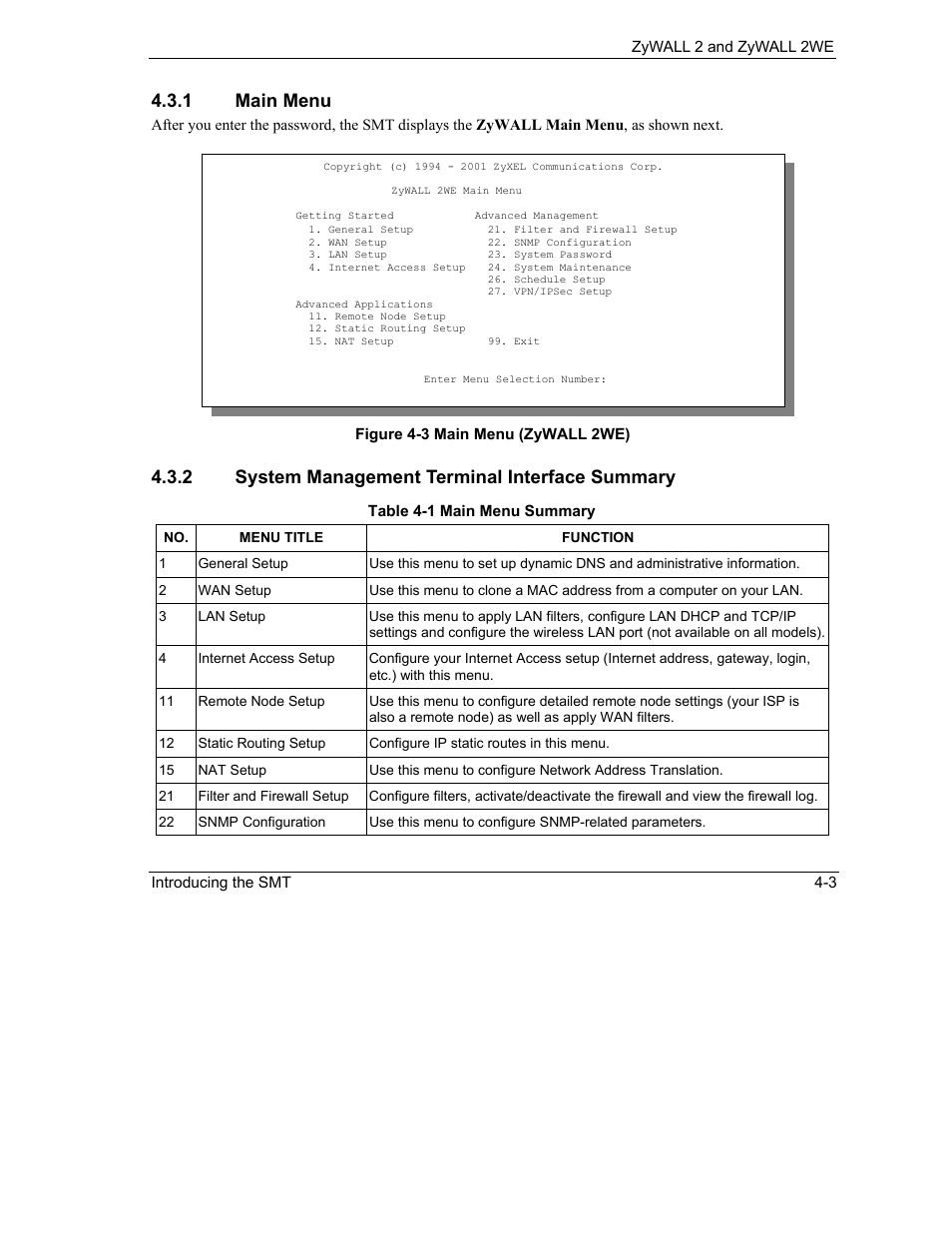 1 main menu, 2 system management terminal interface summary | ZyXEL Communications ZyXEL ZyWALL 2WE User Manual | Page 49 / 433