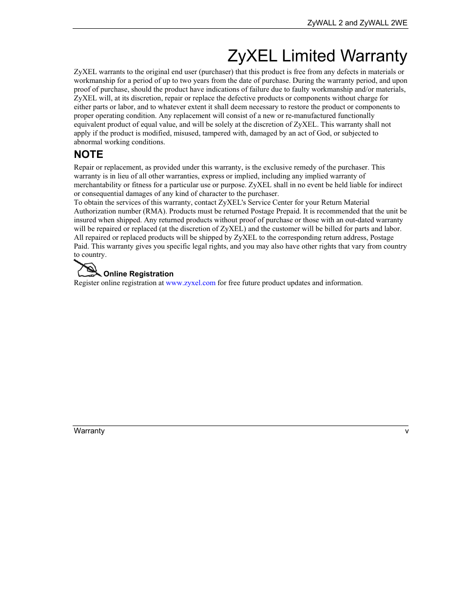 Zyxel limited warranty | ZyXEL Communications ZyXEL ZyWALL 2WE User Manual | Page 5 / 433