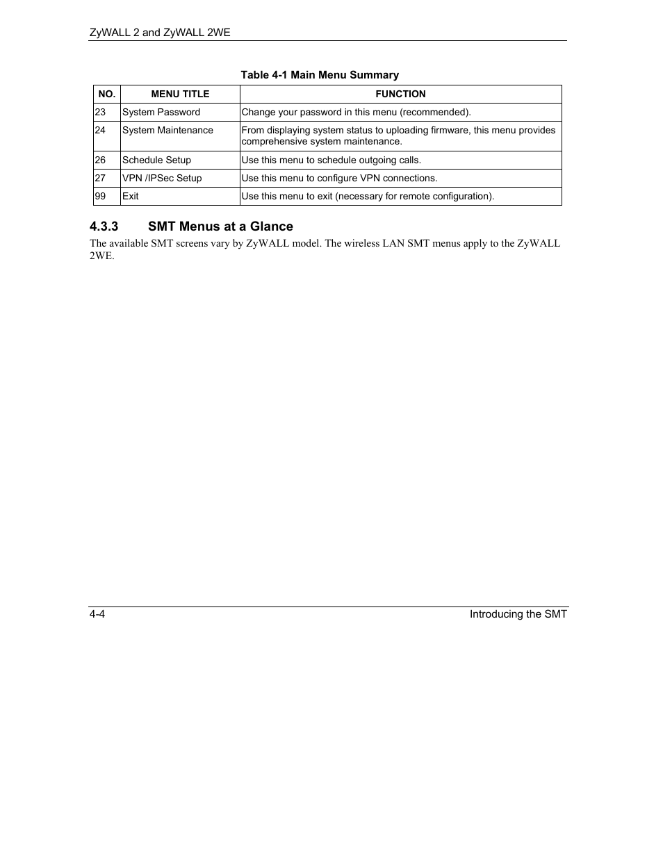 3 smt menus at a glance | ZyXEL Communications ZyXEL ZyWALL 2WE User Manual | Page 50 / 433