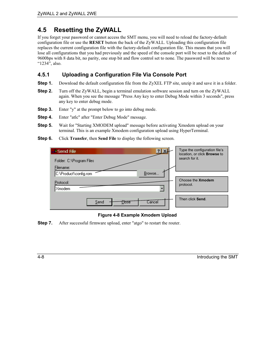 Resetting the zywall, 5 resetting the zywall | ZyXEL Communications ZyXEL ZyWALL 2WE User Manual | Page 54 / 433