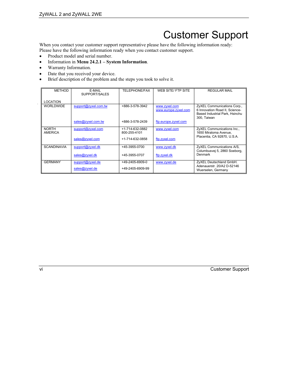 Customer support, Zywall 2 and zywall 2we vi customer support | ZyXEL Communications ZyXEL ZyWALL 2WE User Manual | Page 6 / 433