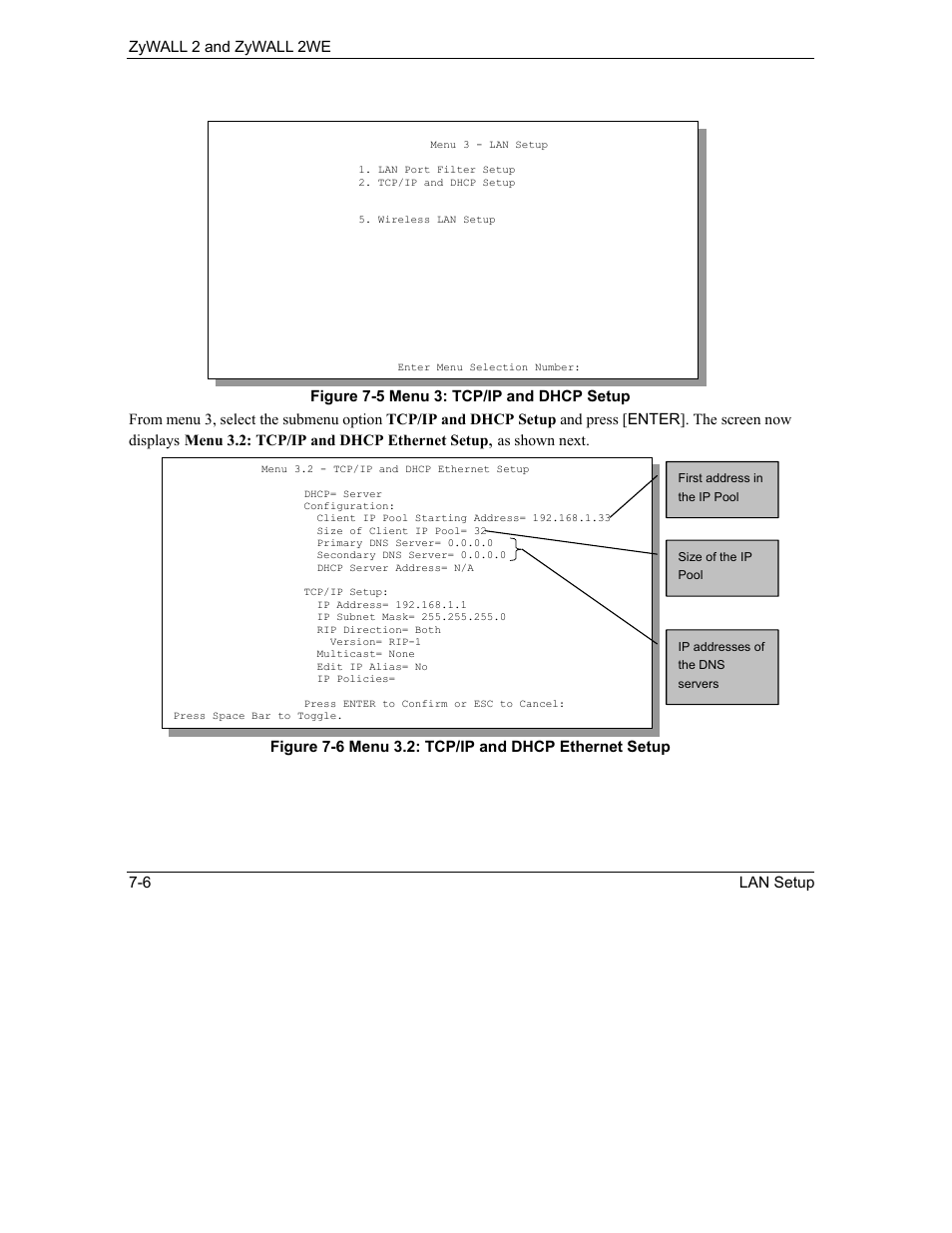 Menu 3.2: tcp/ip and dhcp ethernet setup | ZyXEL Communications ZyXEL ZyWALL 2WE User Manual | Page 70 / 433