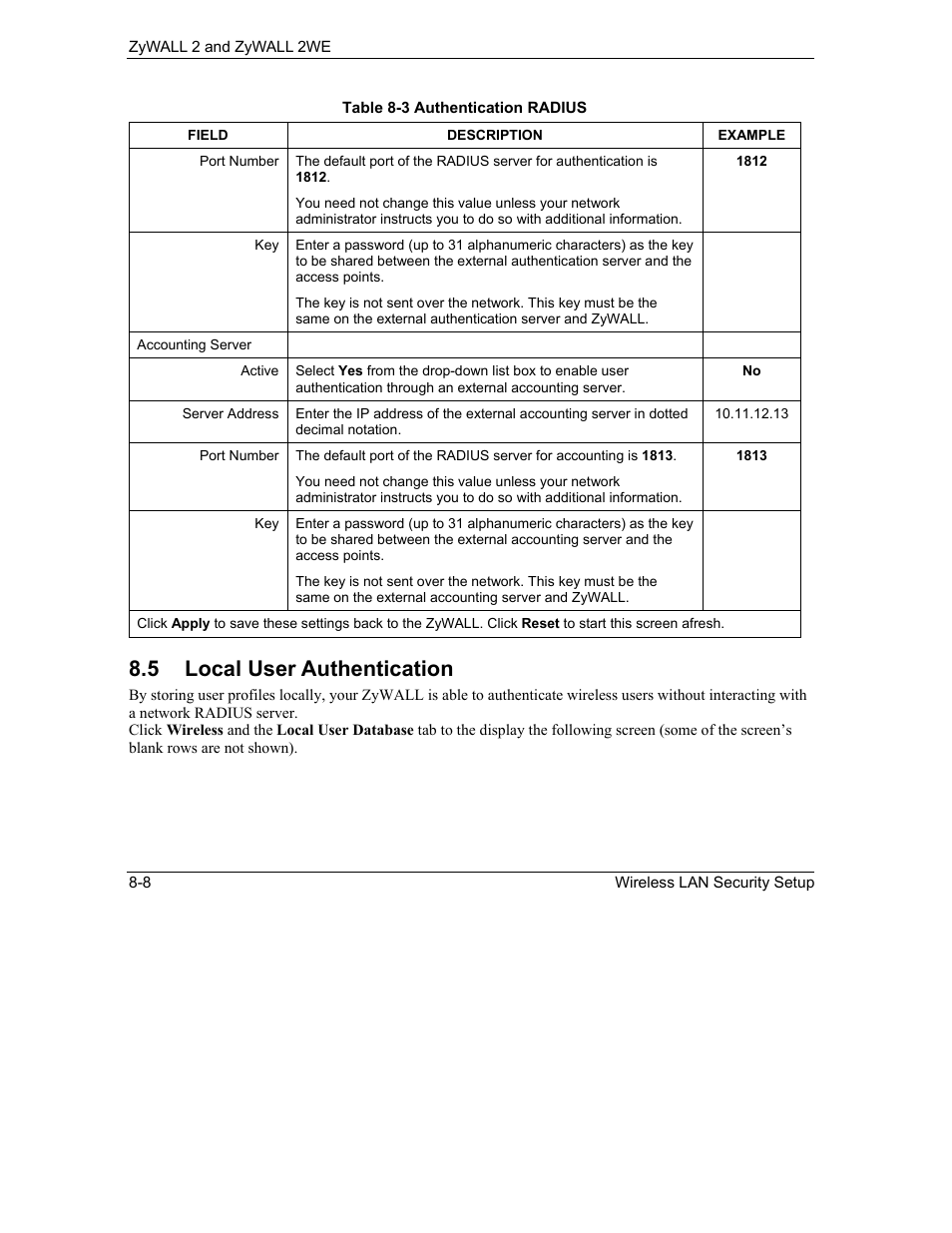 Local user authentication, 5 local user authentication | ZyXEL Communications ZyXEL ZyWALL 2WE User Manual | Page 86 / 433