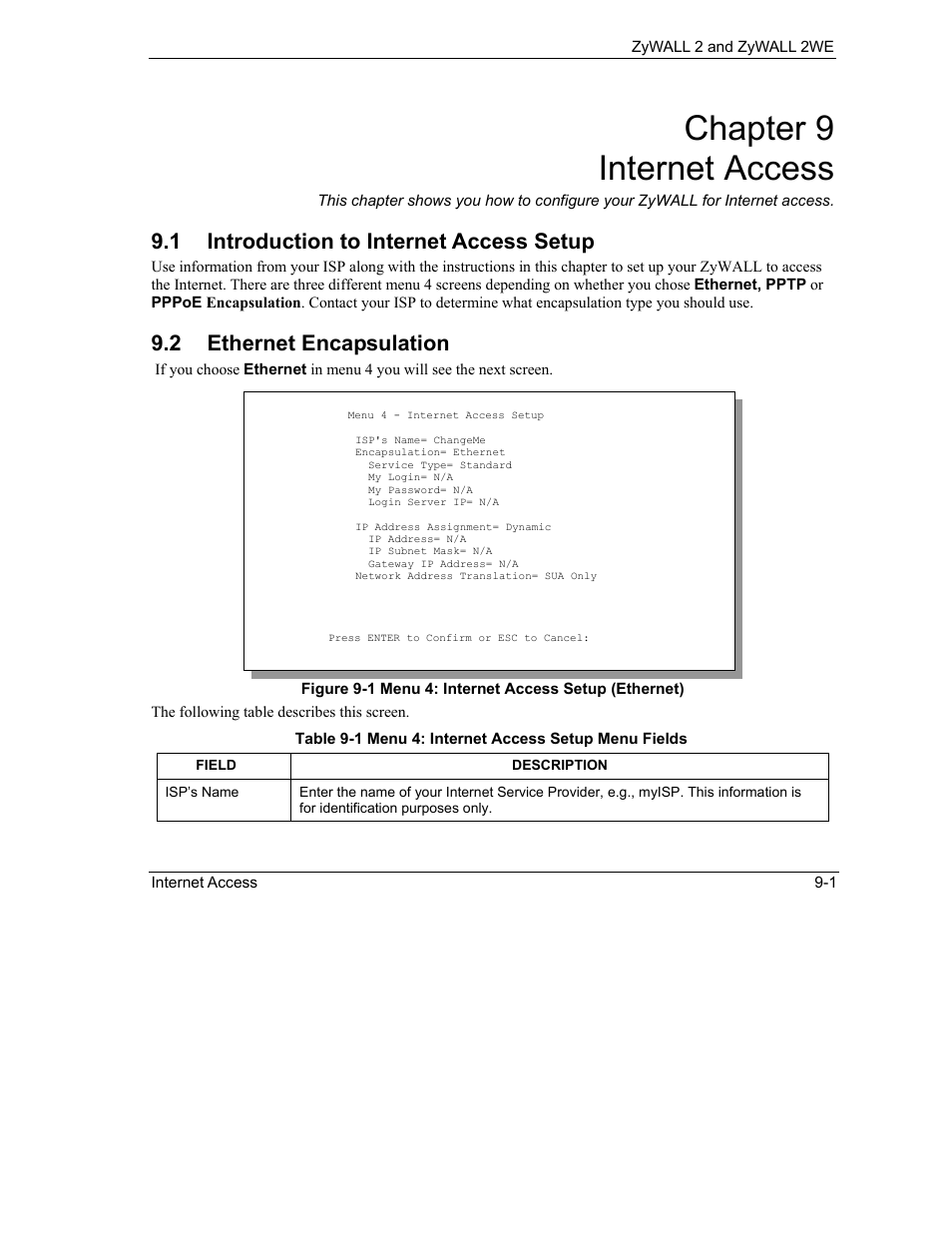Internet access, Introduction to internet access setup, Ethernet encapsulation | Chapter 9 internet access, 1 introduction to internet access setup, 2 ethernet encapsulation | ZyXEL Communications ZyXEL ZyWALL 2WE User Manual | Page 91 / 433