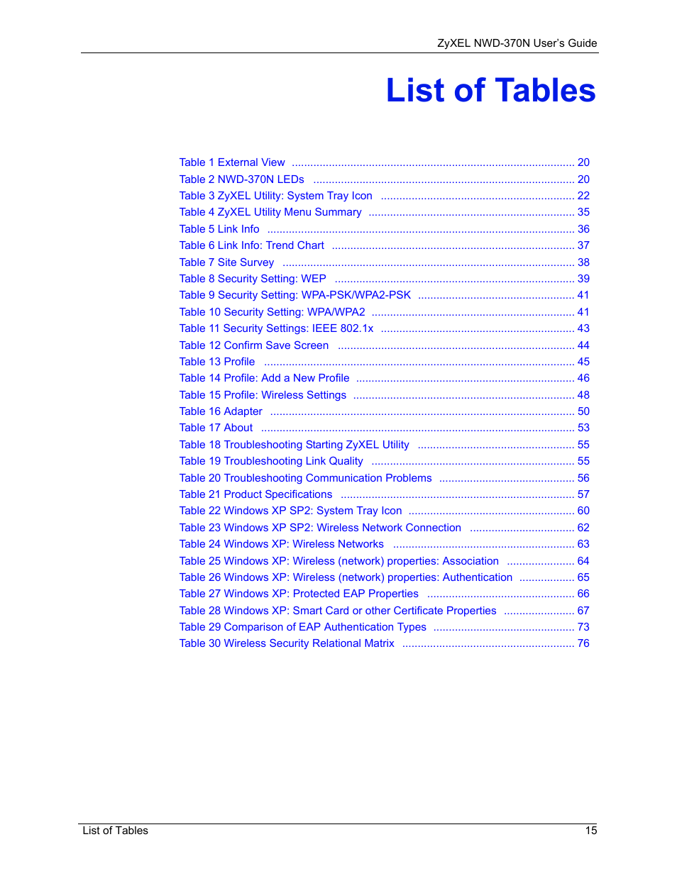 List of tables | ZyXEL Communications NWD-370N User Manual | Page 15 / 88