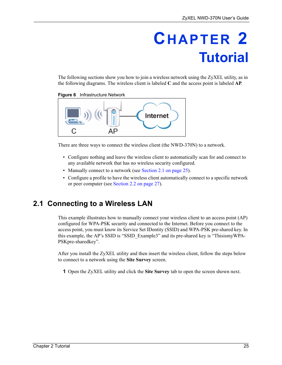 Tutorial, 1 connecting to a wireless lan, Chapter 2 tutorial | Figure 6 infrastructure network | ZyXEL Communications NWD-370N User Manual | Page 25 / 88