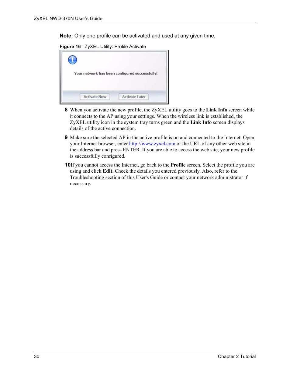 Figure 16 zyxel utility: profile activate | ZyXEL Communications NWD-370N User Manual | Page 30 / 88