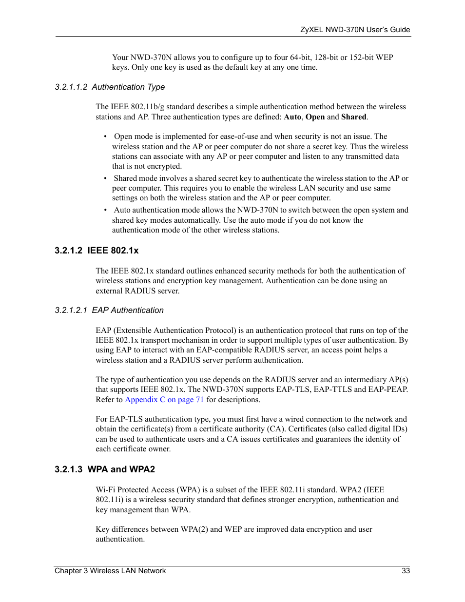 2 ieee 802.1x 3.2.1.3 wpa and wpa2 | ZyXEL Communications NWD-370N User Manual | Page 33 / 88