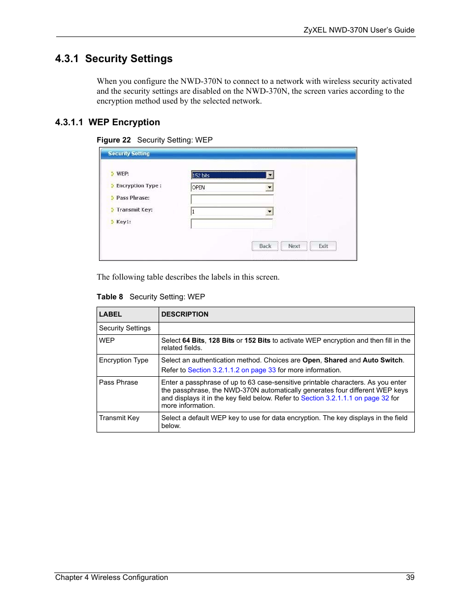 1 security settings, 1 wep encryption, Figure 22 security setting: wep | Table 8 security setting: wep | ZyXEL Communications NWD-370N User Manual | Page 39 / 88
