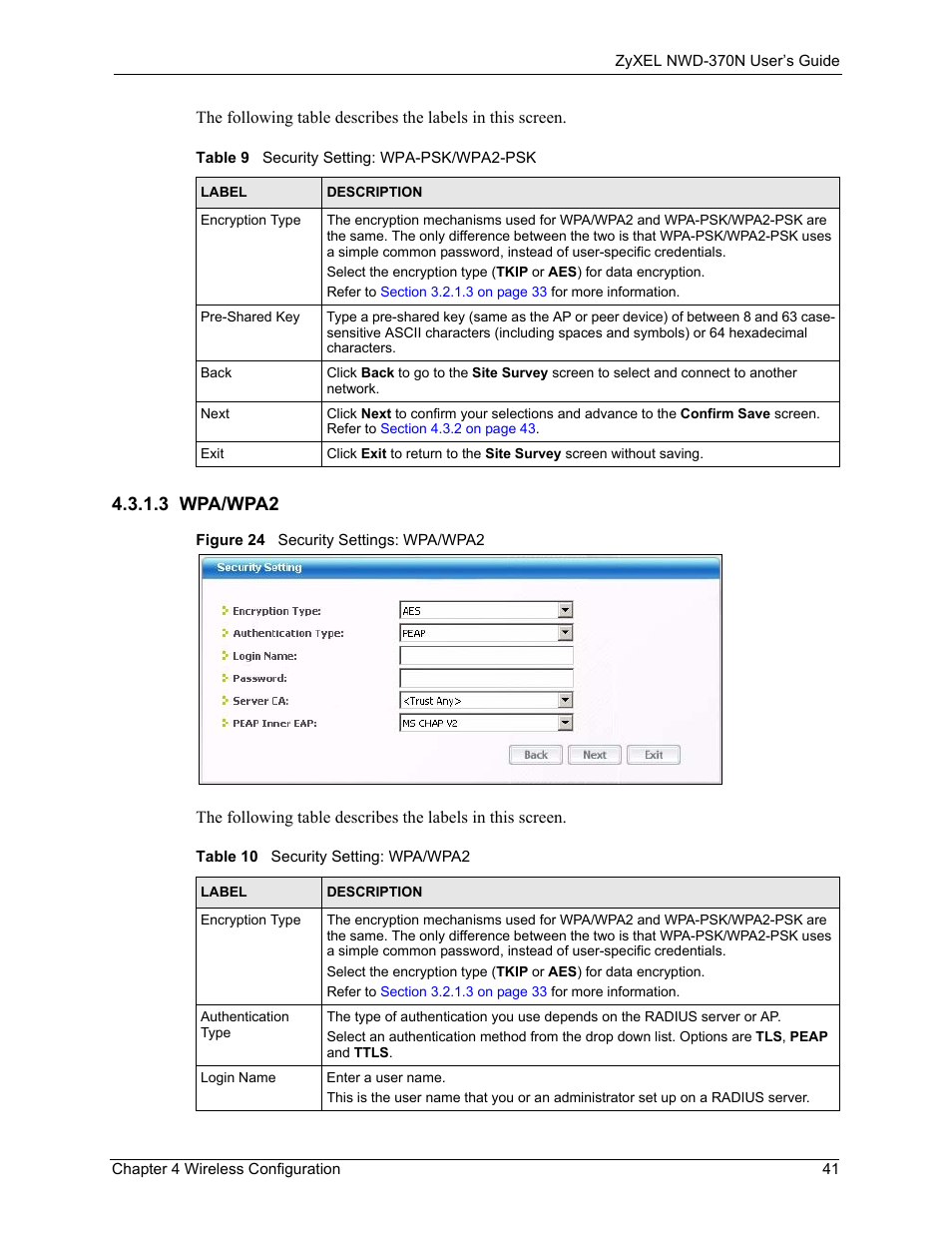 3 wpa/wpa2, Figure 24 security settings: wpa/wpa2 | ZyXEL Communications NWD-370N User Manual | Page 41 / 88