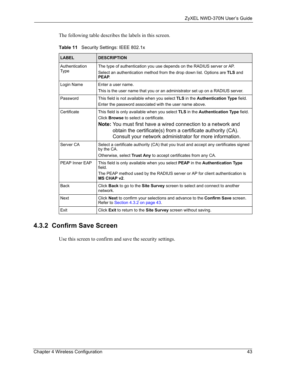 2 confirm save screen, Table 11 security settings: ieee 802.1x | ZyXEL Communications NWD-370N User Manual | Page 43 / 88