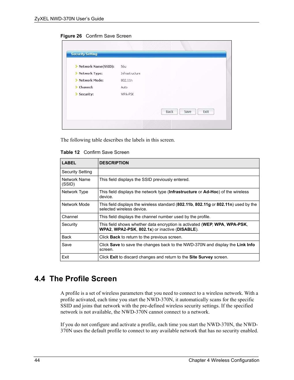 4 the profile screen, Figure 26 confirm save screen, Table 12 confirm save screen | ZyXEL Communications NWD-370N User Manual | Page 44 / 88