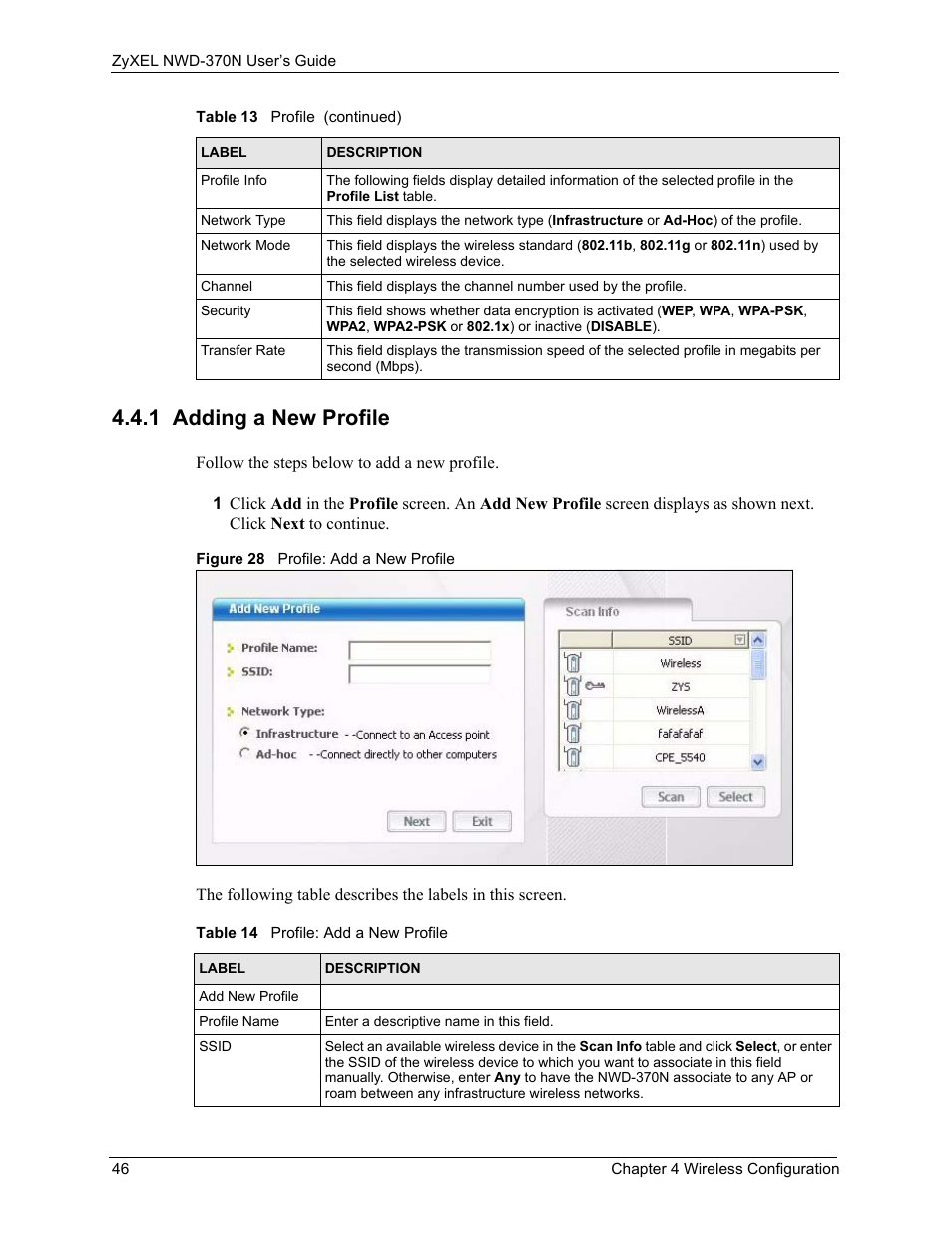 1 adding a new profile, Figure 28 profile: add a new profile, Table 14 profile: add a new profile | ZyXEL Communications NWD-370N User Manual | Page 46 / 88