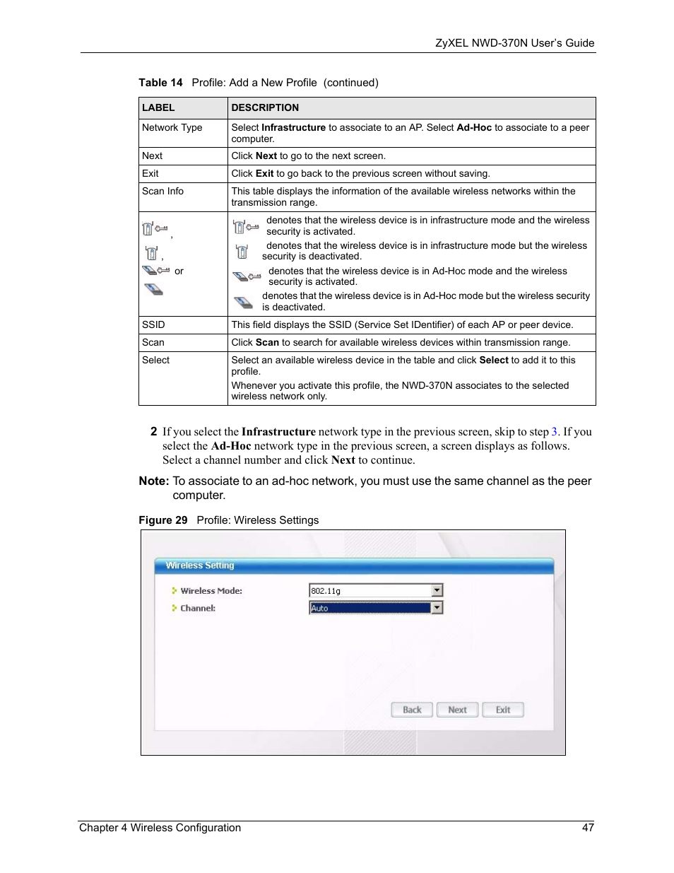 Figure 29 profile: wireless settings | ZyXEL Communications NWD-370N User Manual | Page 47 / 88