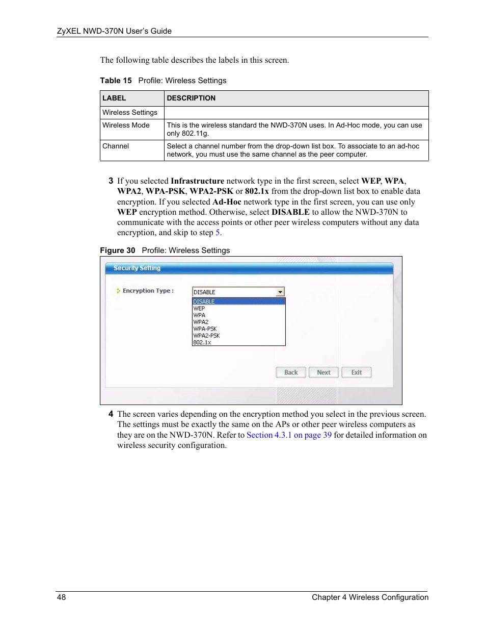 Figure 30 profile: wireless settings, Table 15 profile: wireless settings | ZyXEL Communications NWD-370N User Manual | Page 48 / 88