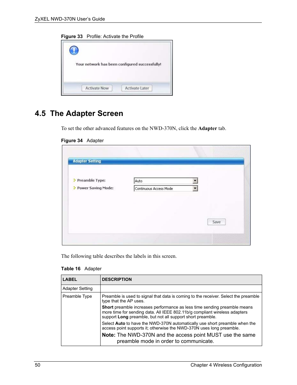 5 the adapter screen, Table 16 adapter | ZyXEL Communications NWD-370N User Manual | Page 50 / 88