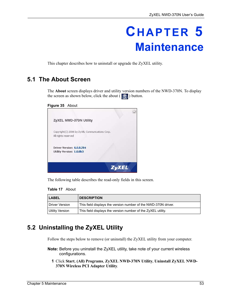 Maintenance, 1 the about screen, 2 uninstalling the zyxel utility | Chapter 5 maintenance, Figure 35 about, Table 17 about | ZyXEL Communications NWD-370N User Manual | Page 53 / 88
