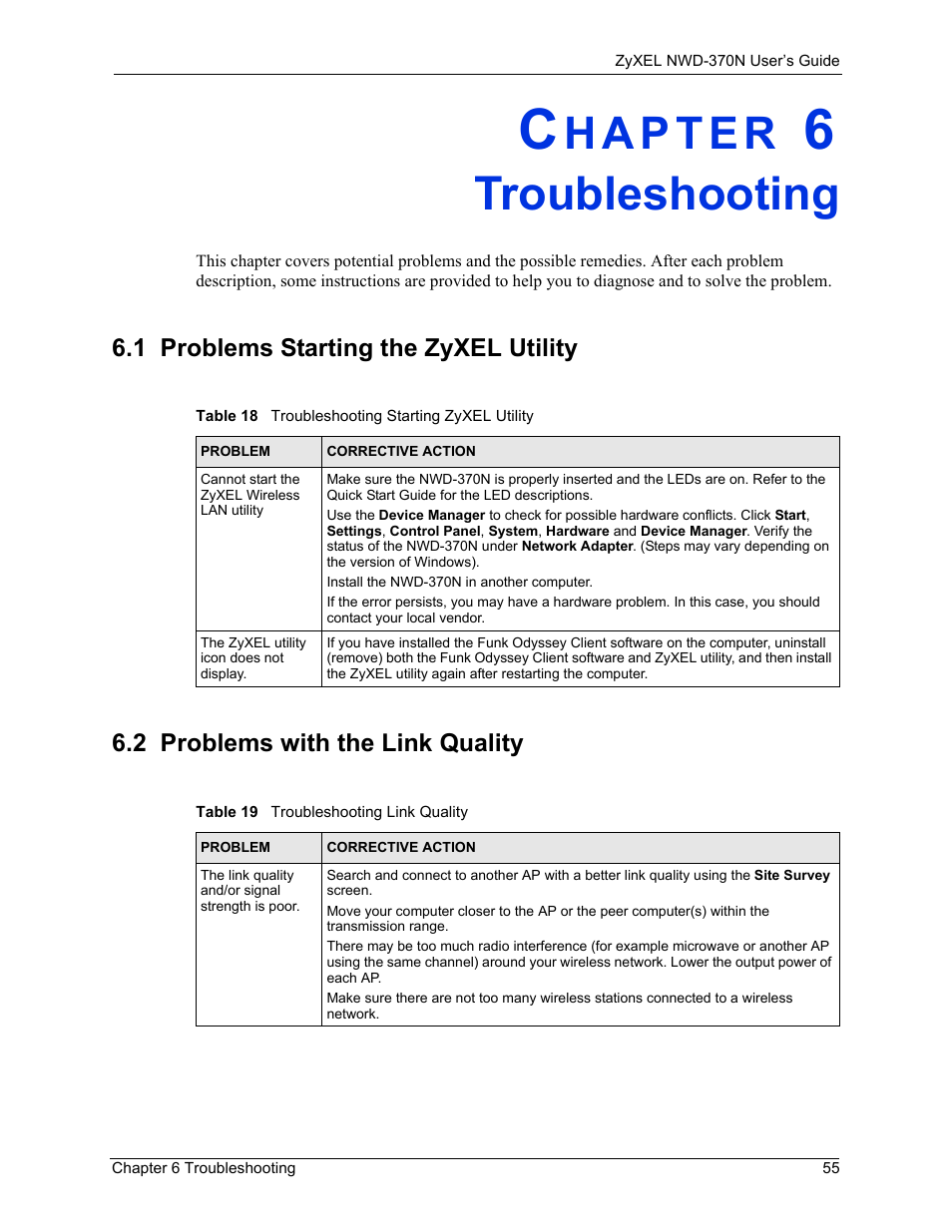 Troubleshooting, 1 problems starting the zyxel utility, 2 problems with the link quality | Chapter 6 troubleshooting | ZyXEL Communications NWD-370N User Manual | Page 55 / 88