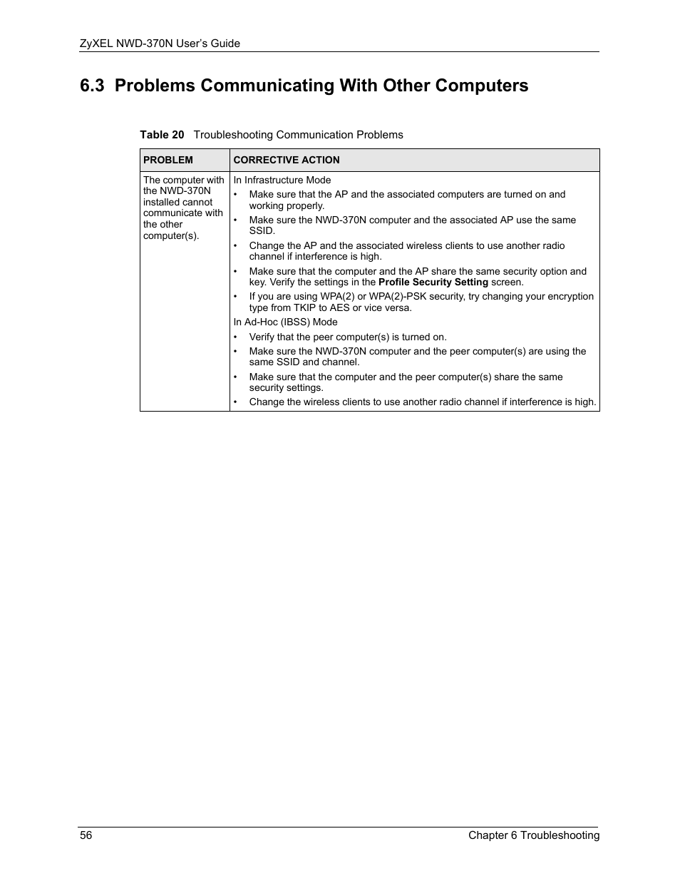 3 problems communicating with other computers, Table 20 troubleshooting communication problems | ZyXEL Communications NWD-370N User Manual | Page 56 / 88