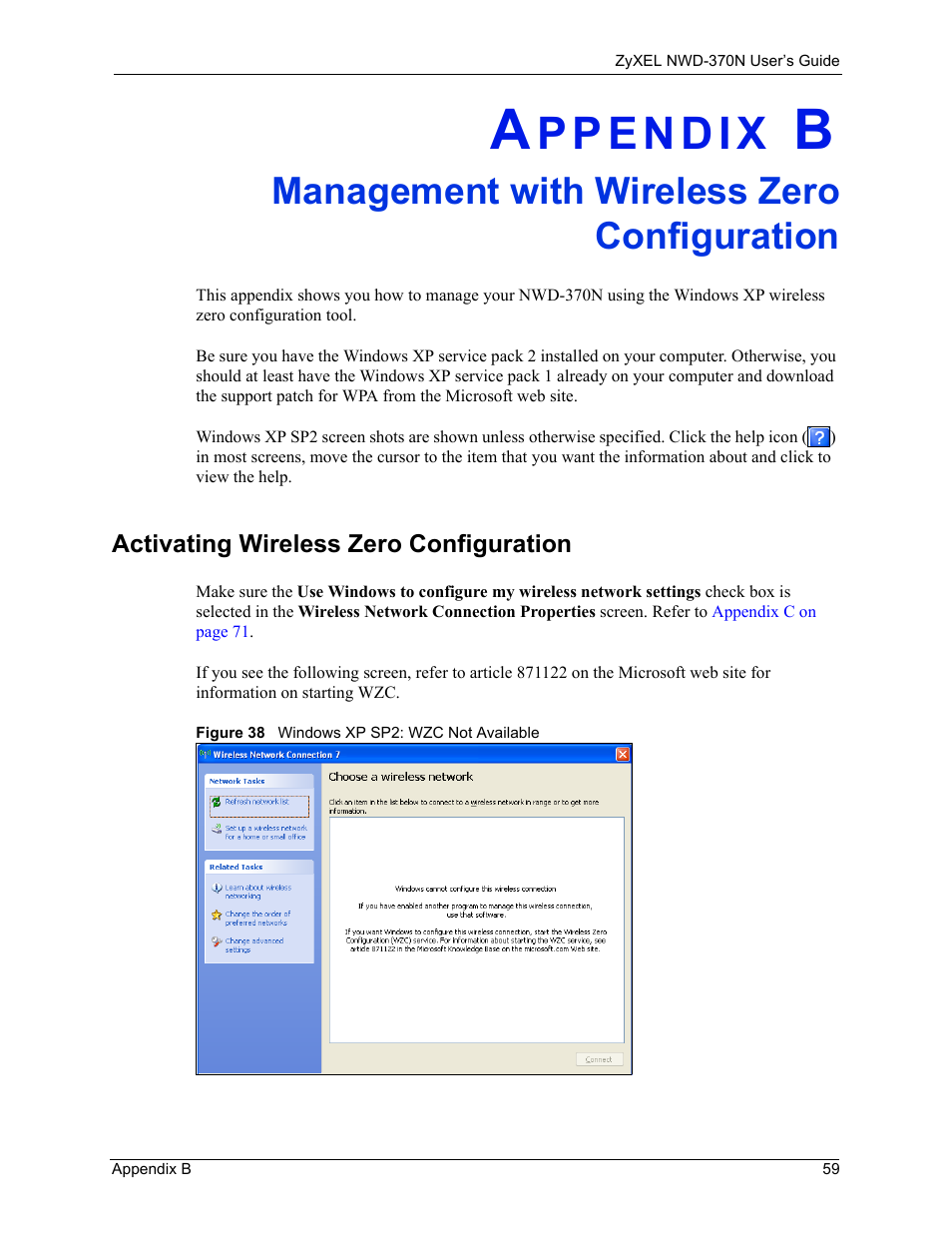 Management with wireless zero configuration, Activating wireless zero configuration, Figure 38 windows xp sp2: wzc not available | ZyXEL Communications NWD-370N User Manual | Page 59 / 88