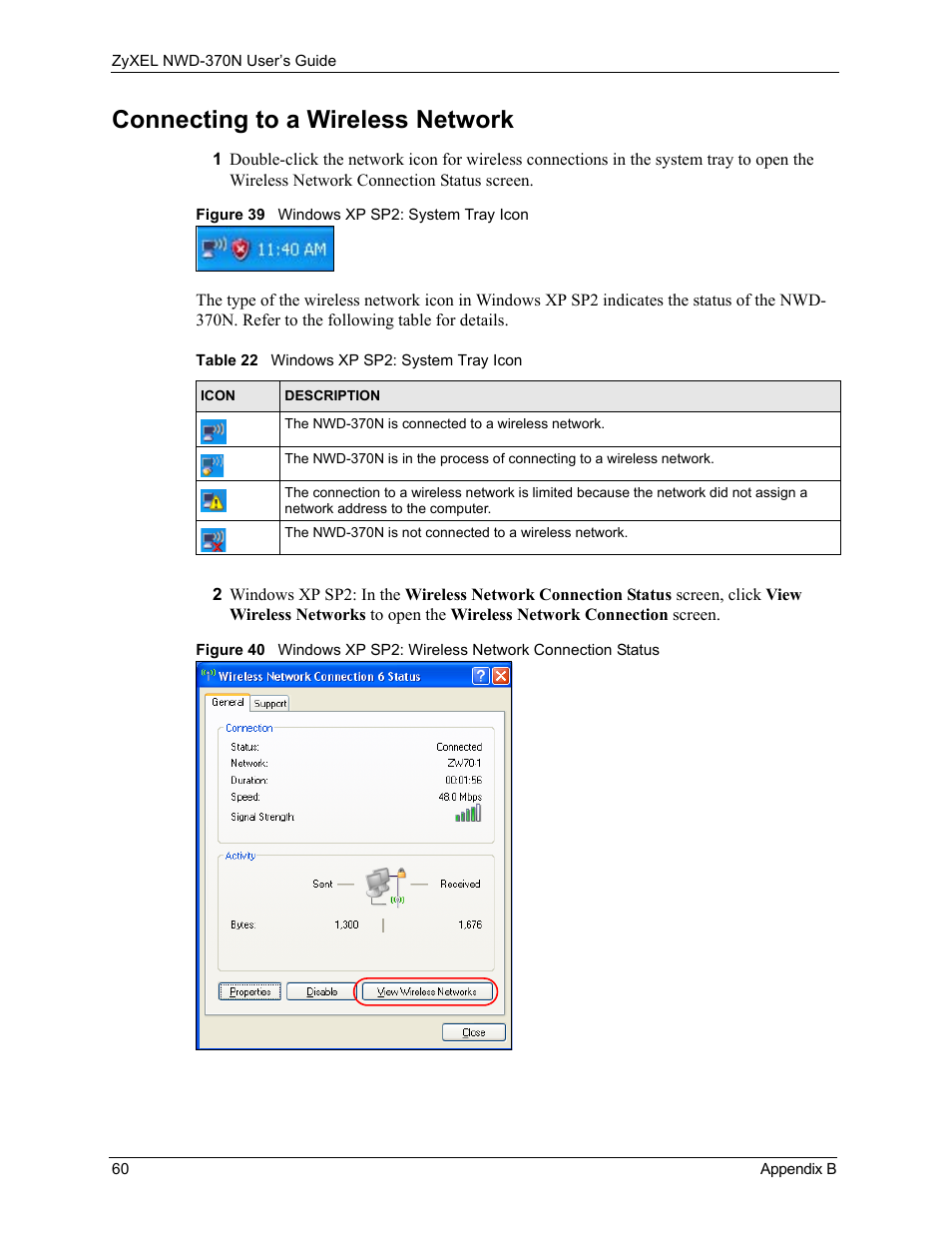 Connecting to a wireless network, Table 22 windows xp sp2: system tray icon | ZyXEL Communications NWD-370N User Manual | Page 60 / 88