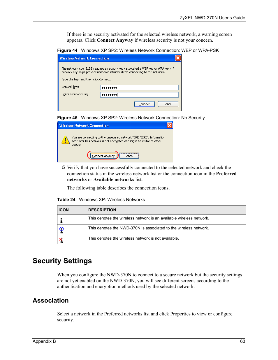 Security settings, Association, Table 24 windows xp: wireless networks | ZyXEL Communications NWD-370N User Manual | Page 63 / 88