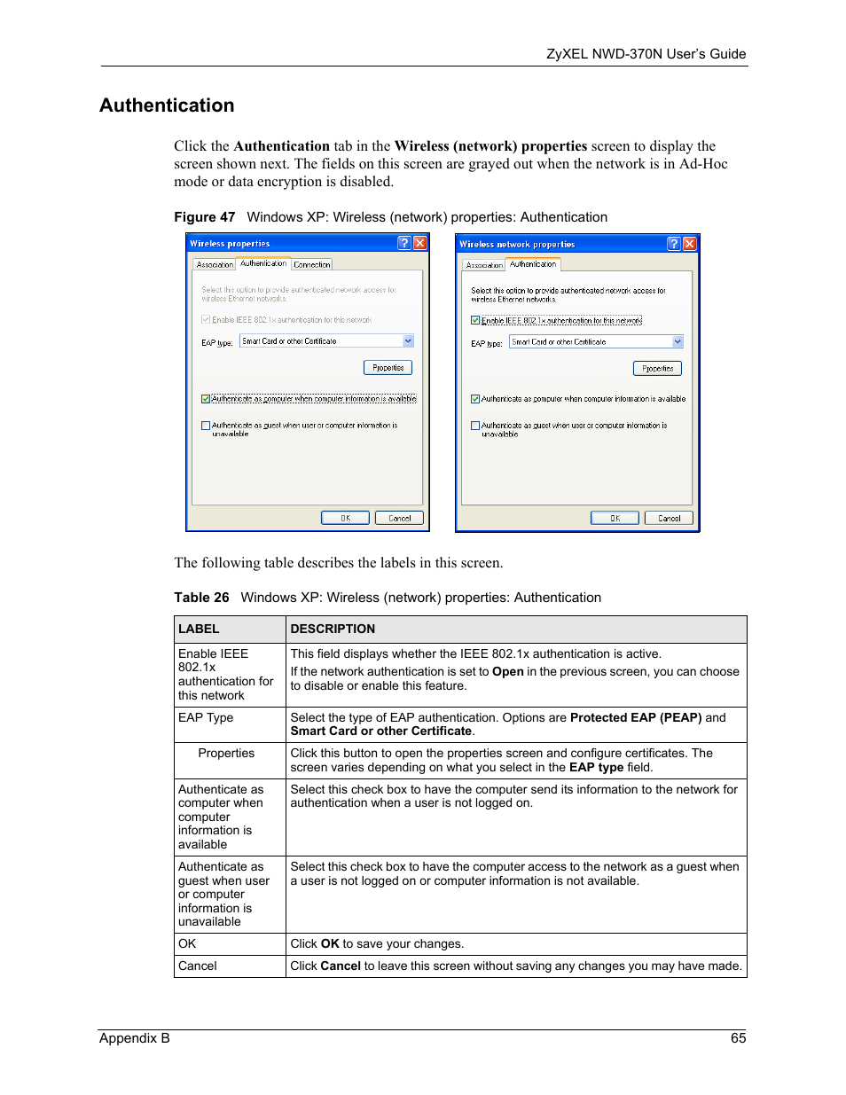 Authentication | ZyXEL Communications NWD-370N User Manual | Page 65 / 88