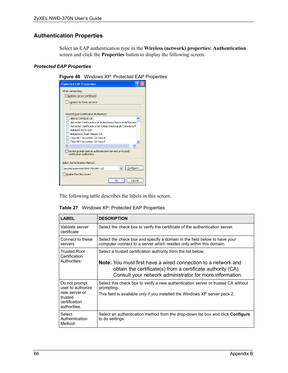 Figure 48 windows xp: protected eap properties, Table 27 windows xp: protected eap properties | ZyXEL Communications NWD-370N User Manual | Page 66 / 88