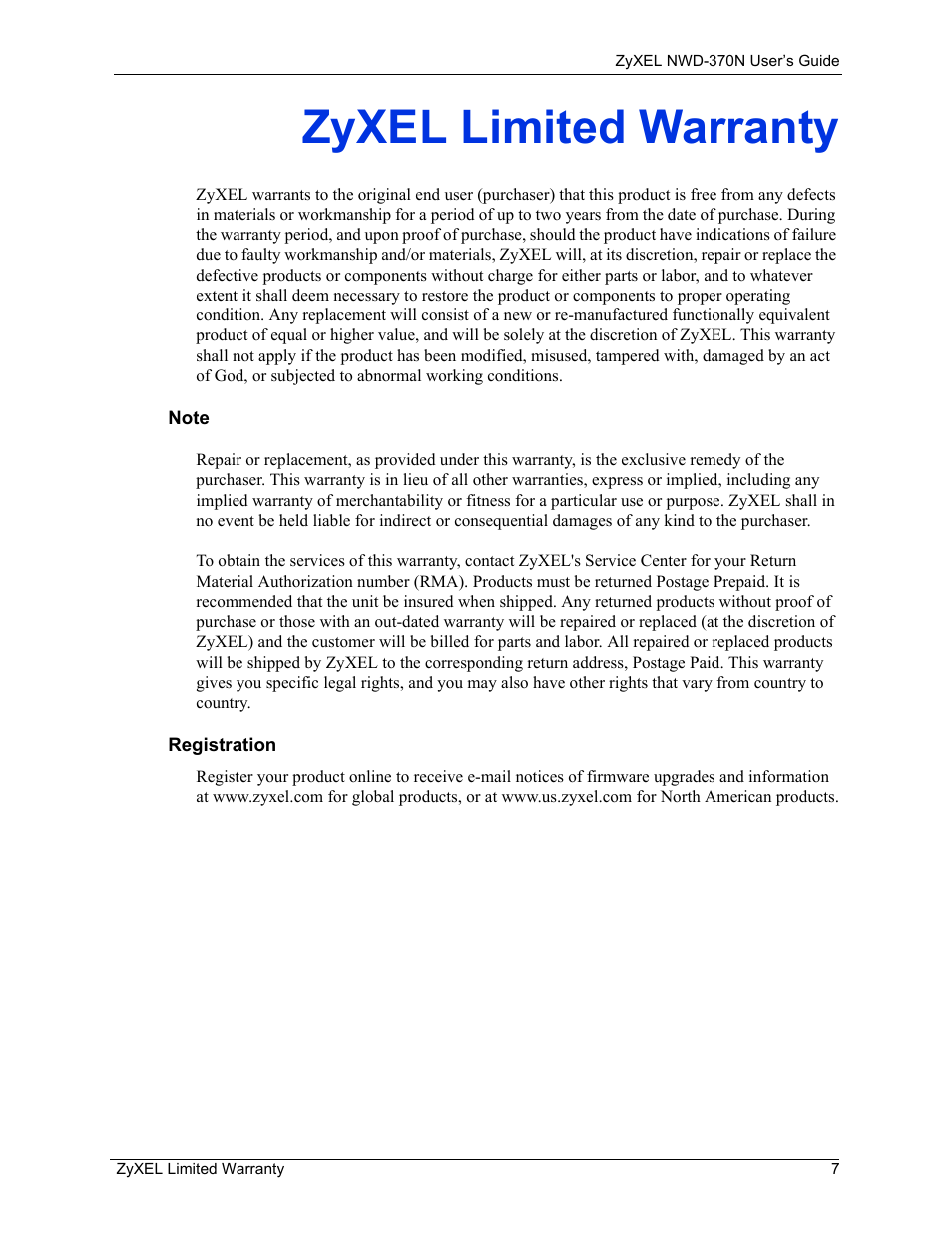 Zyxel limited warranty | ZyXEL Communications NWD-370N User Manual | Page 7 / 88