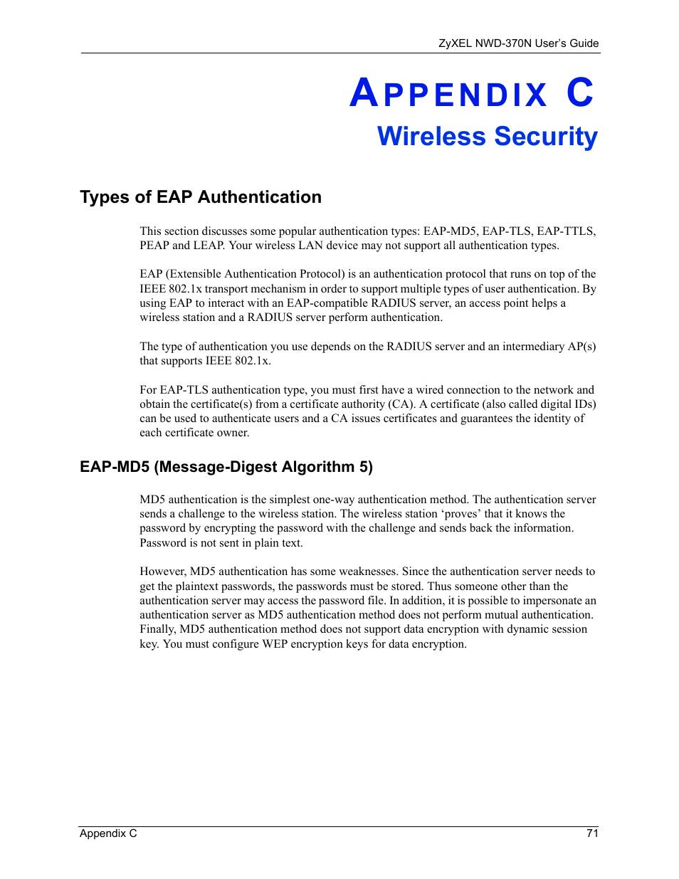Wireless security, Types of eap authentication, Eap-md5 (message-digest algorithm 5) | Appendix c wireless security | ZyXEL Communications NWD-370N User Manual | Page 71 / 88