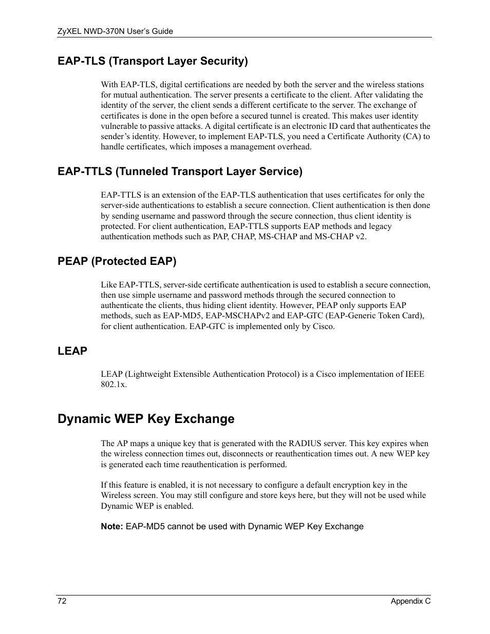 Eap-tls (transport layer security), Eap-ttls (tunneled transport layer service), Peap (protected eap) | Leap, Dynamic wep key exchange | ZyXEL Communications NWD-370N User Manual | Page 72 / 88