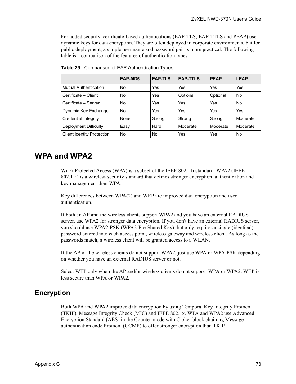 Wpa and wpa2, Encryption, Table 29 comparison of eap authentication types | ZyXEL Communications NWD-370N User Manual | Page 73 / 88