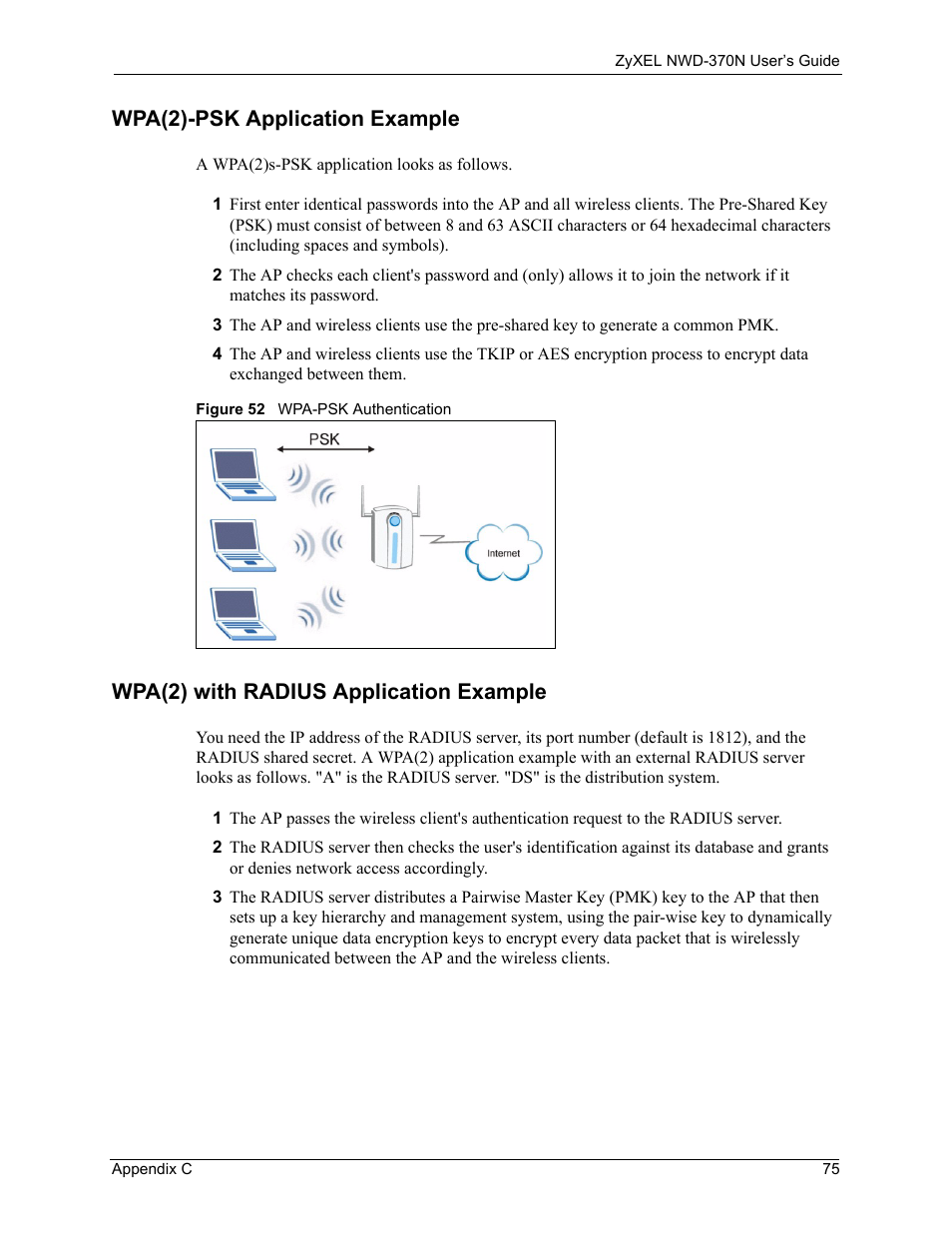 Wpa(2)-psk application example, Wpa(2) with radius application example, Figure 52 wpa-psk authentication | ZyXEL Communications NWD-370N User Manual | Page 75 / 88