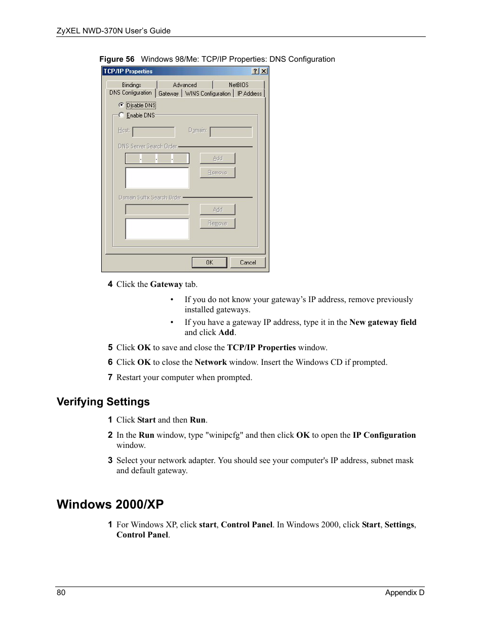 Verifying settings, Windows 2000/xp | ZyXEL Communications NWD-370N User Manual | Page 80 / 88
