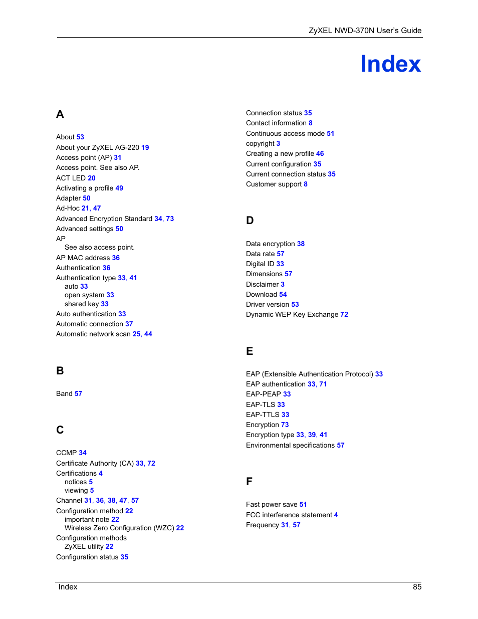 Index | ZyXEL Communications NWD-370N User Manual | Page 85 / 88