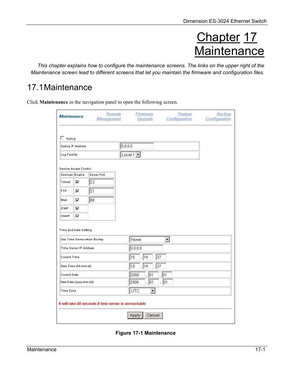 Maintenance, Chapter 17 maintenance, 1 maintenance | ZyXEL Communications ZyXEL Dimension ES-3024 User Manual | Page 105 / 167