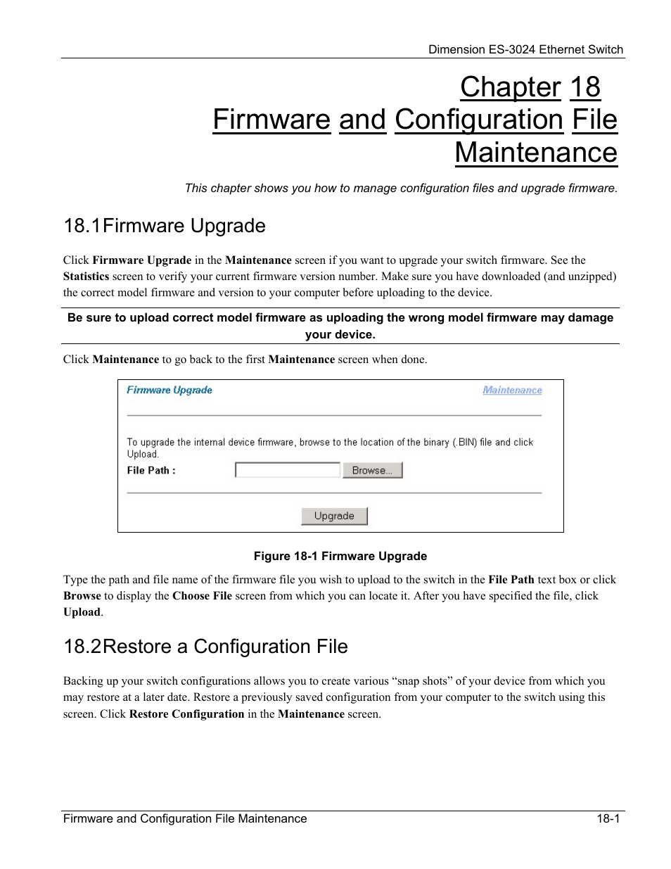 Firmware and configuration file maintenance, Firmware upgrade, Restore a configuration file | 1 firmware upgrade, 2 restore a configuration file | ZyXEL Communications ZyXEL Dimension ES-3024 User Manual | Page 109 / 167