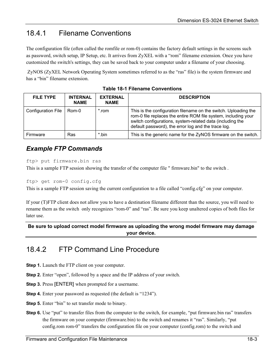 1 filename conventions, 2 ftp command line procedure, Example ftp commands | ZyXEL Communications ZyXEL Dimension ES-3024 User Manual | Page 111 / 167