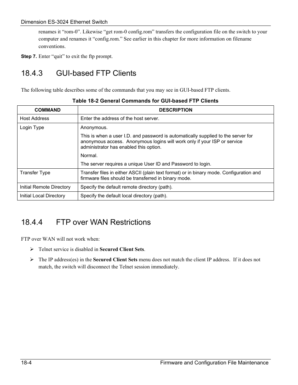 3 gui-based ftp clients, 4 ftp over wan restrictions | ZyXEL Communications ZyXEL Dimension ES-3024 User Manual | Page 112 / 167