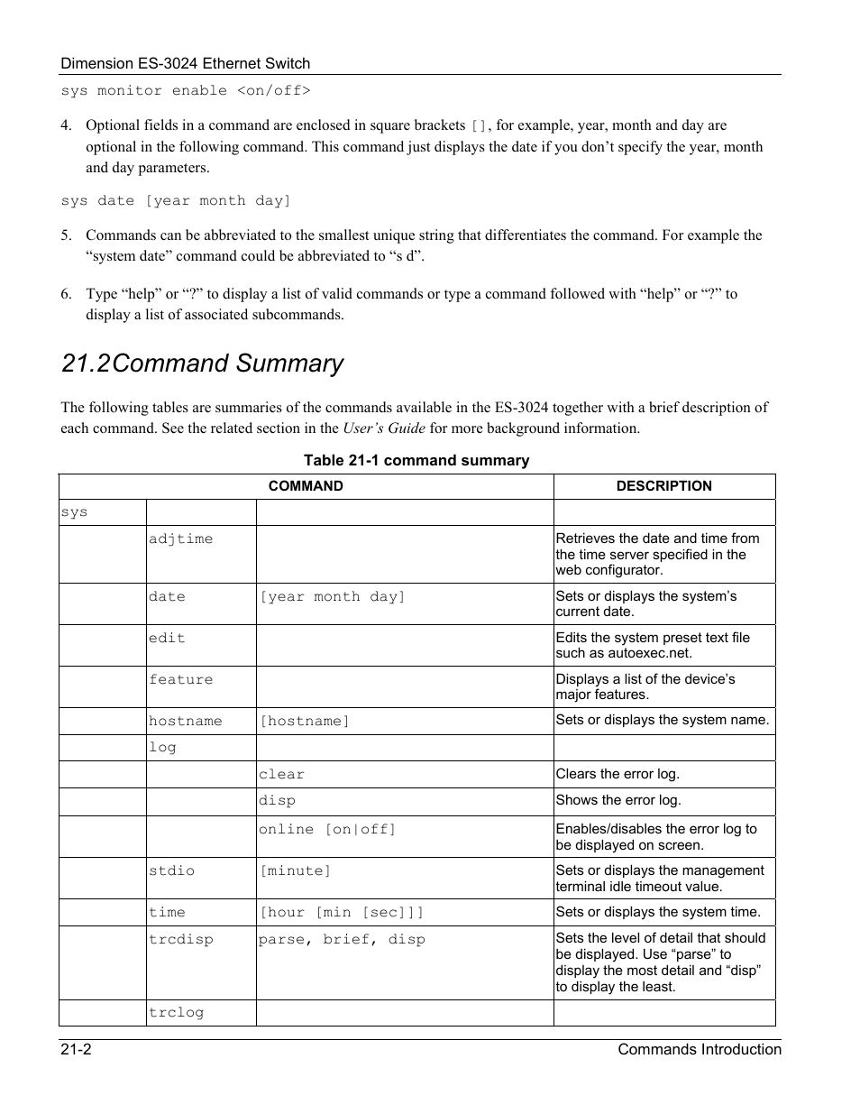 Command summary, 2 command summary | ZyXEL Communications ZyXEL Dimension ES-3024 User Manual | Page 130 / 167