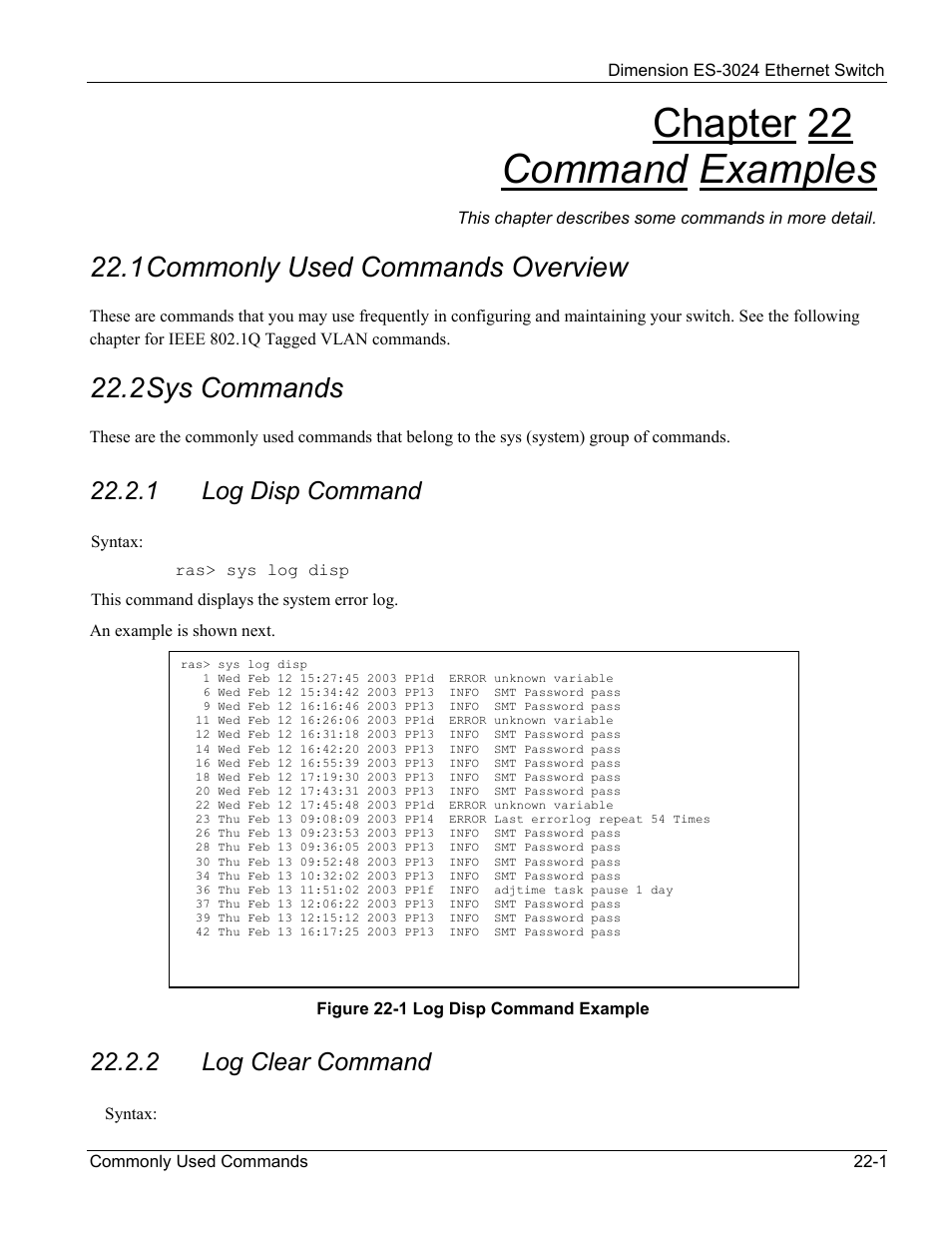 Command examples, Commonly used commands overview, Sys commands | Chapter 22 command examples, 1 commonly used commands overview, 2 sys commands | ZyXEL Communications ZyXEL Dimension ES-3024 User Manual | Page 143 / 167