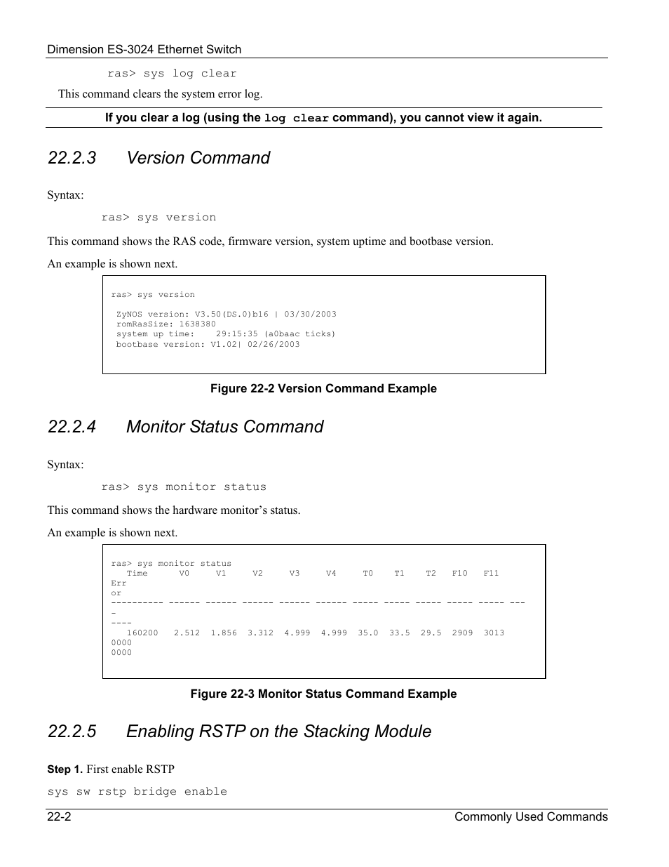 3 version command, 4 monitor status command, 5 enabling rstp on the stacking module | ZyXEL Communications ZyXEL Dimension ES-3024 User Manual | Page 144 / 167