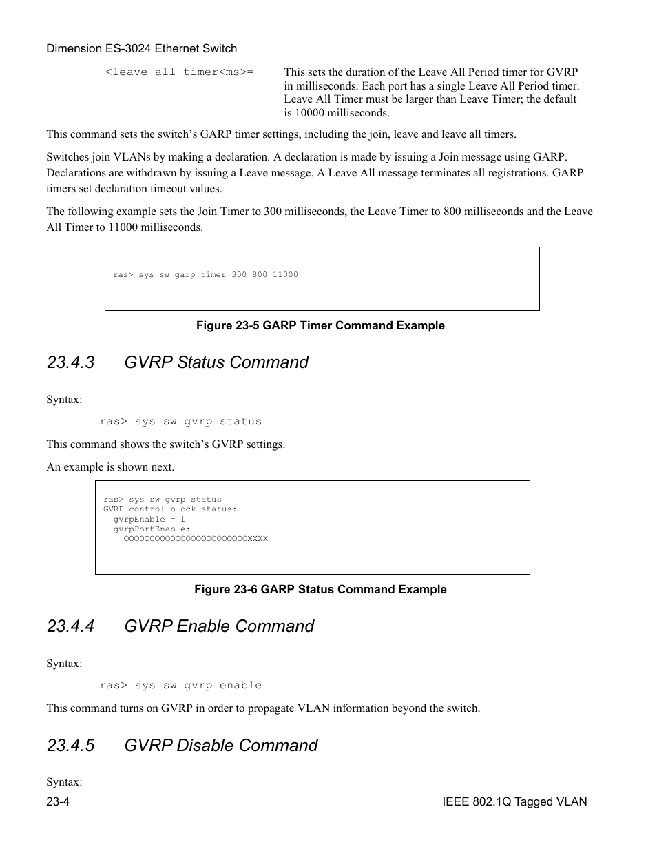 3 gvrp status command, 4 gvrp enable command, 5 gvrp disable command | ZyXEL Communications ZyXEL Dimension ES-3024 User Manual | Page 150 / 167